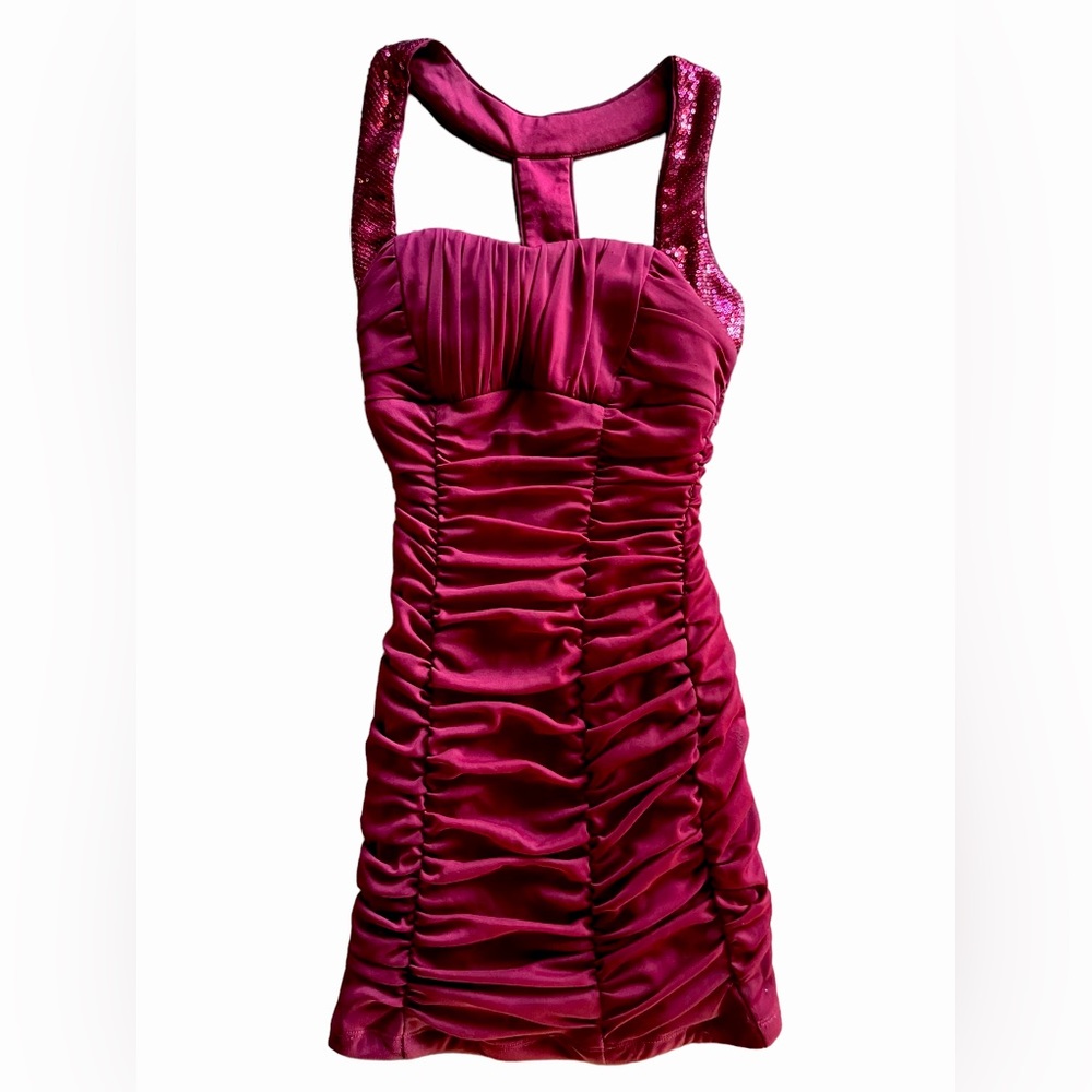 Short Burgundy Holiday Dress, Sequin Straps